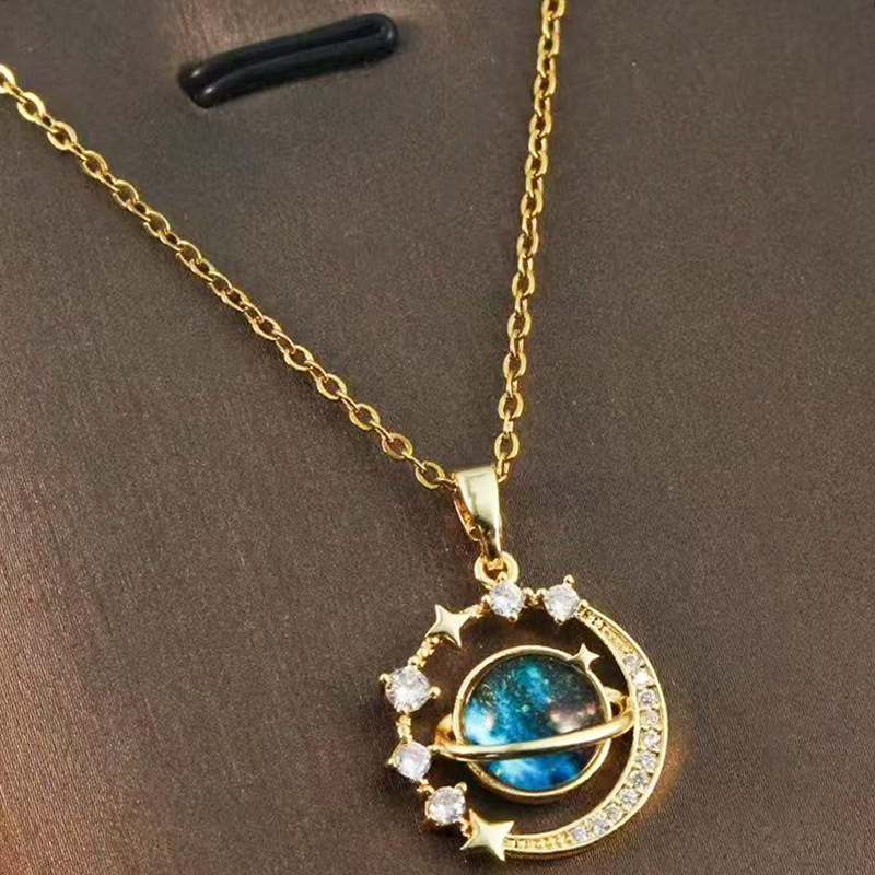 Designer luxury New blue planet star and moon light luxury micro-inlaid zircon necklace with a fashionable design, niche women's collarbone chain