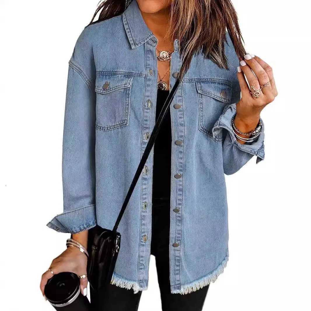 New Washed Denim Shirt Jacket for Women Fall/Winter Street Style with Distressed Hem Womens OuterwearT260328