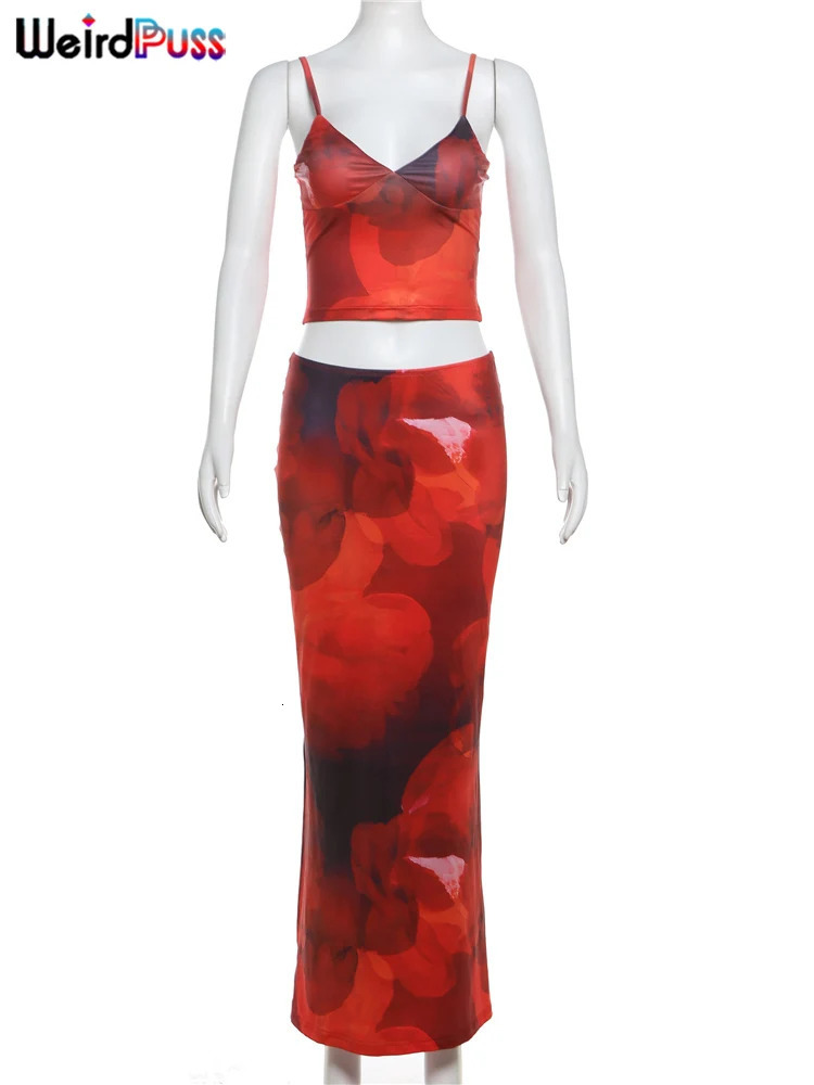 Weird Puss Tie-Dye Print 2 Piece Set Women Summer Y2K Fashion Hipster Elegant V-Neck CamisoleMaxi Skirts Matching Streetwear 260330