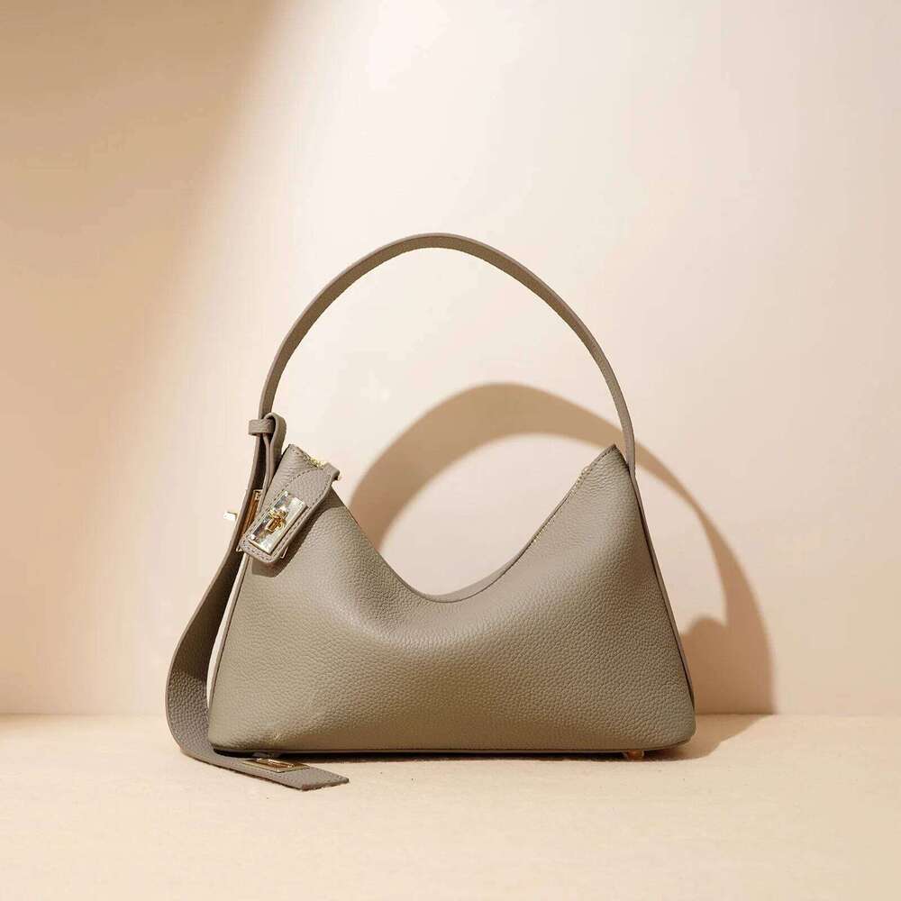 Women S Plain Color Genuine Leather Handbag Fashionable All Match Casual Versatile Trendy Single Shoulder Bag With Lock Design