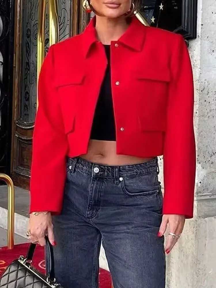 HH Womens Autumn Street Fashion Cropped Jackets With Pockets Long Sleeves Lapel Solid Color Slim Front Flap Causal CoatsT260328