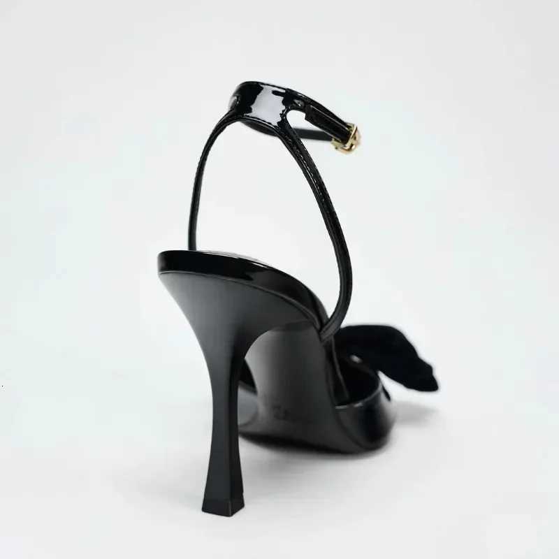 Elegant Black Bow Design Heels Women Sexy Pointed Toe Ankle Strap Buckle Thin Heel Sandal High Quality Patent Leather Dress Shoe Z260330