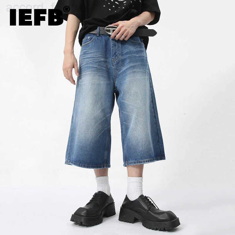 IEFB Summer New Fashion Mens Denim Shorts Casual Straight Leg Loose Wide Leg Jeans Over Knee Length Trendy Male Jorts 9C5970 H260330