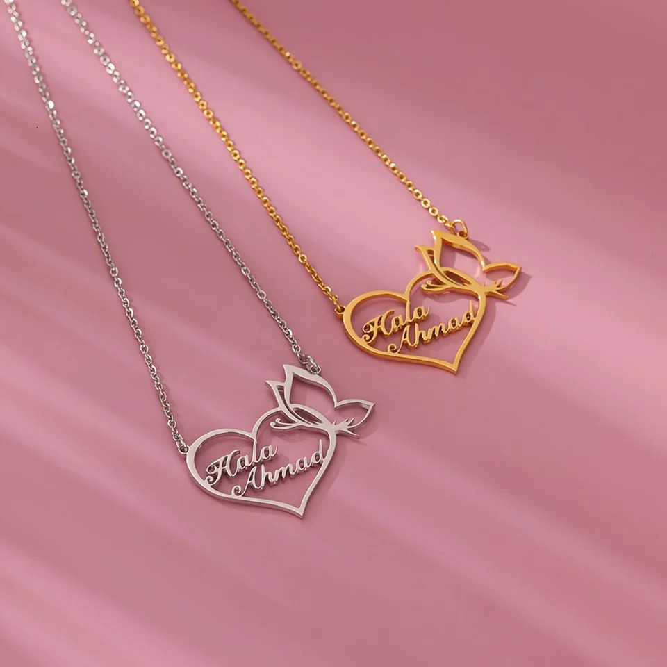 Custom Double Name Necklace For Women Stainless Steel Heart Butterfly Personalized Nameplate Necklaces Romantic Couple Jewelry 260327