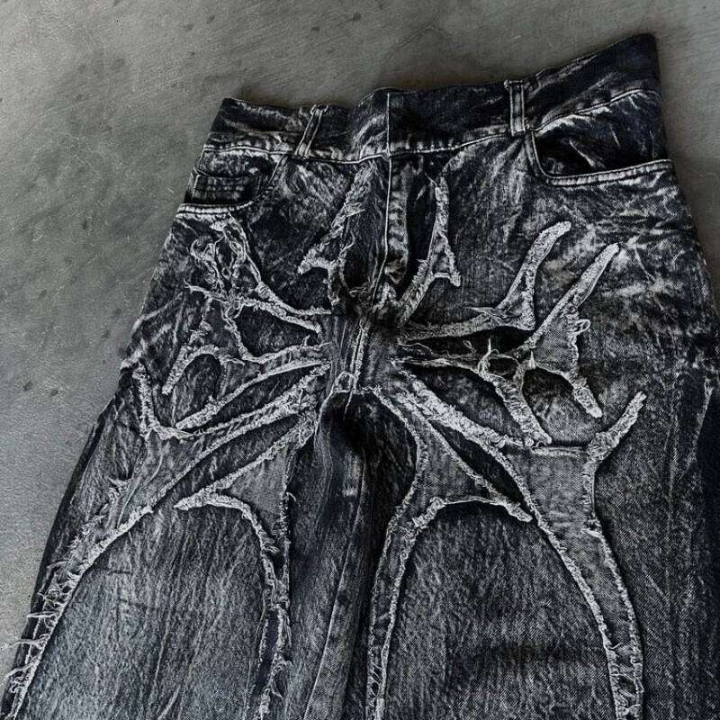 Gothic Retro Oversized Baggy Fit Unisex Mopping Pants Y2K Phantom Jeans High Street Spider Embroidered Patch Hip Hop Streetwear 26Y0330