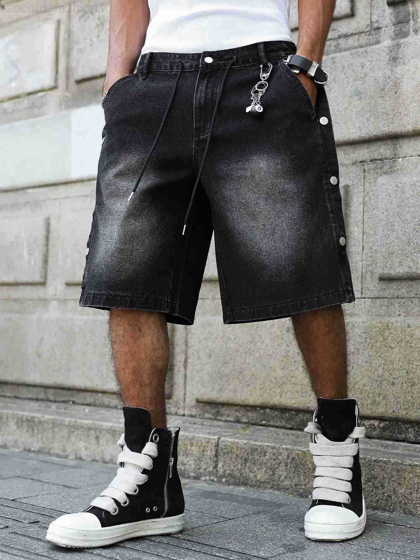 Mens Summer Casual Denim Shorts - Black-Gray Gradient with Distressed White Effect Street Daily Outing Knee-Length Shorts H260330