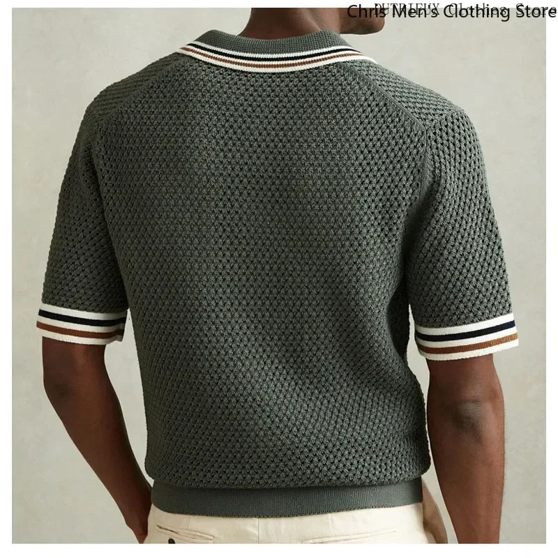 Summer Hollow-knit Mens Shirt Business Leisure High Quality Lapel Mens Knit Shirt Street Fashion Mens Cardigan 260327