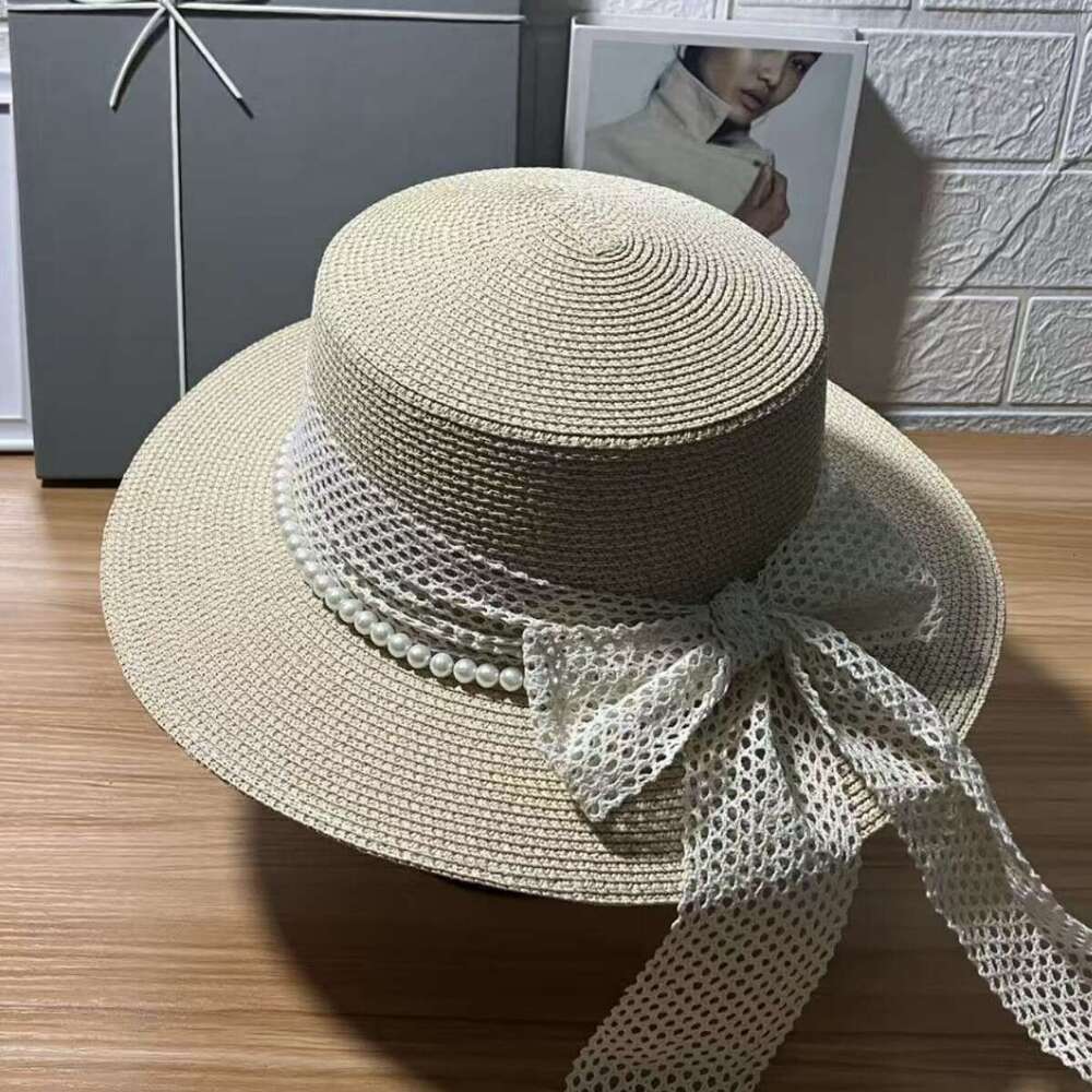 Korean-style lace ribbon pearl chain fashion flat-top hat for women, summer casual sunshade straw Design protection Dainty sun hat, trendy