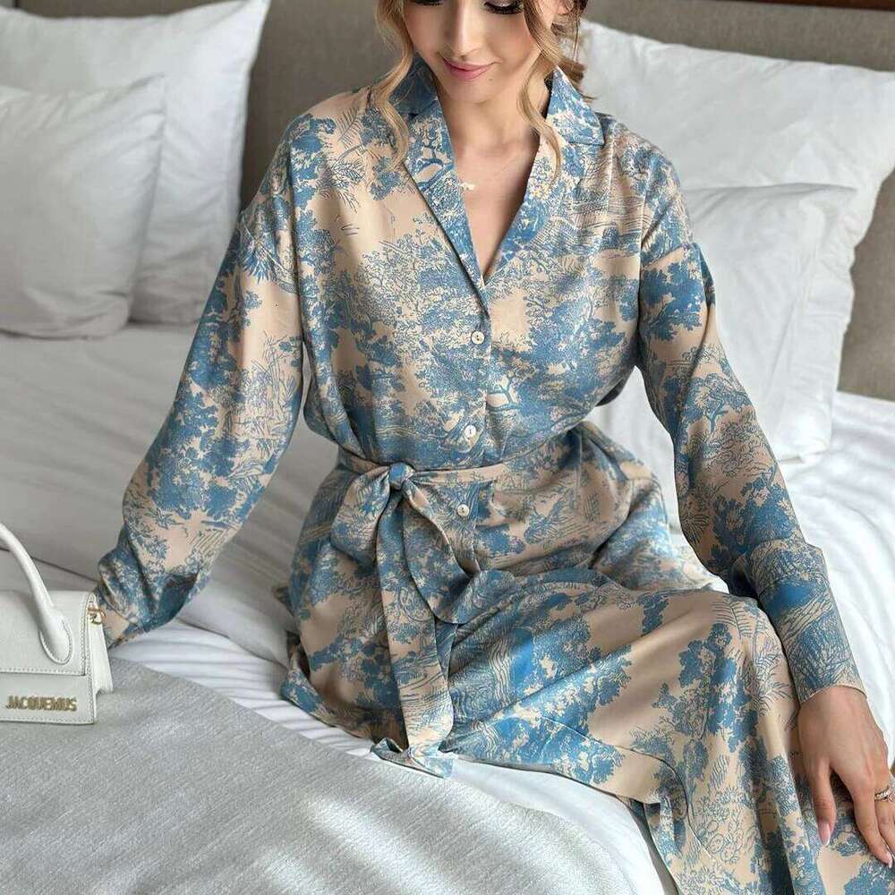 Print Flower 2Pcs Pajamas Set Sleepwear French V-Neck Fashion Women's Clothing Loose Satin Wide Leg Pants Pijamas Suit Homewear Asia Size
