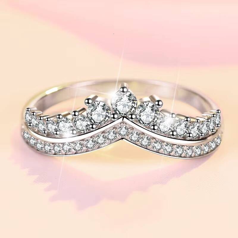 S925 Sterling Silver Rhodium White Gold Setting Princess Crown Ring Womens Stacked Factory Wholesale Cross-Border Hot Sale