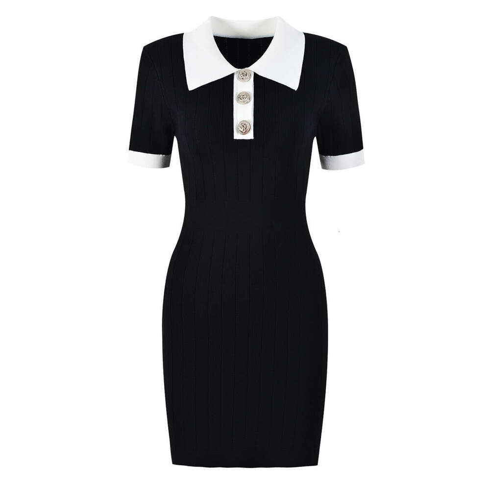 Summer and autumn e22 new designer European and American fashionable high-quality knitted lapel slim fit women's short sleeved dress