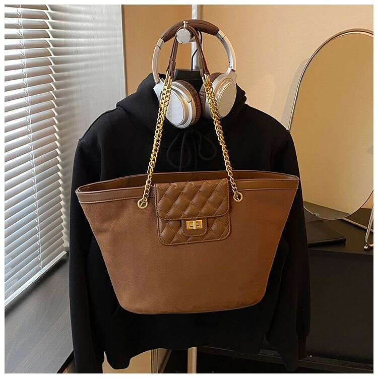 Chic Suede Tote With Chain Strap Large Crossbody Shoulder Bag For Work Weekend Black Brown Tan Khaki Liksusie