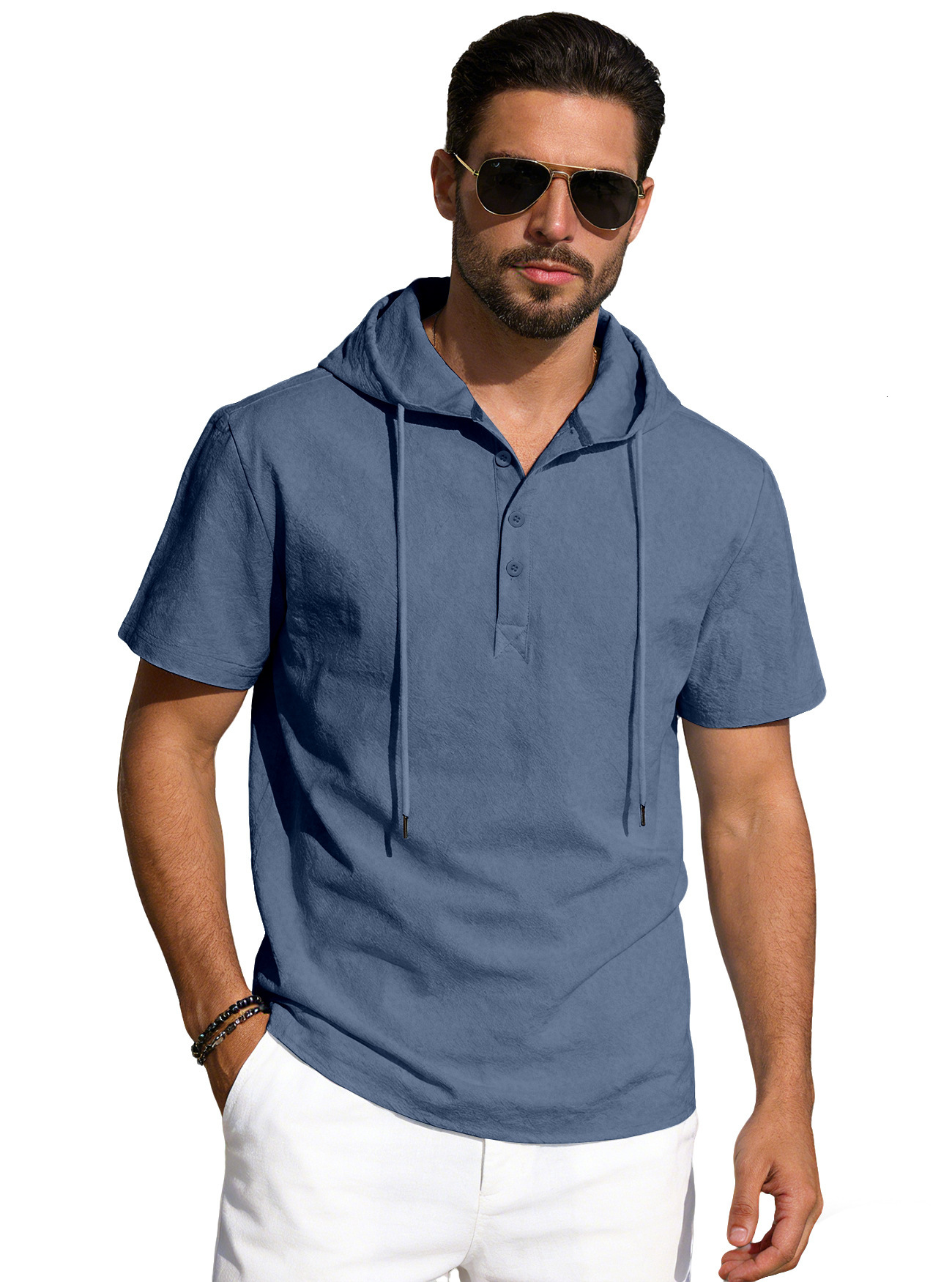 Designer t shirt mens tshirt High Quality MensT-Shirt Linen Henley Hooded T Shirt Short Sleeve Solid Color Casual Beach Wear Tee Men Clothing