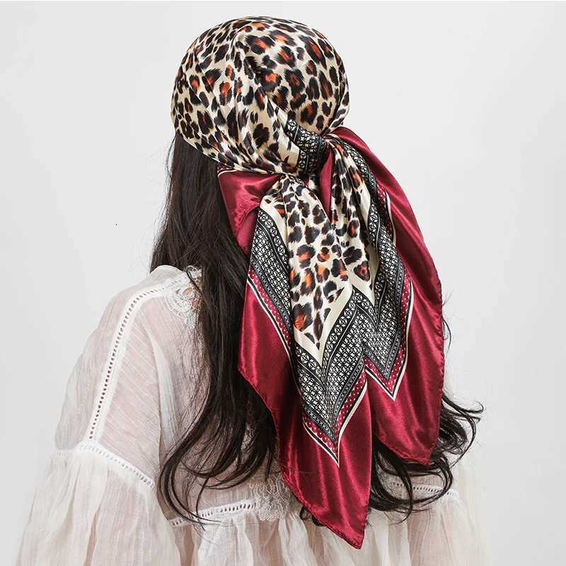 Leopard Print 90cm Square Silk Scarf Wan Satin band Muslim Hijabs Shawls Smooth Soft Hair Scarf Islimic Turban Bandana X260328
