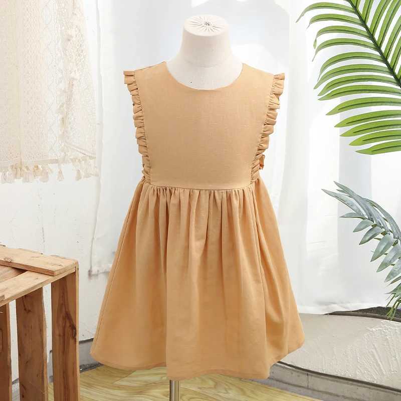 Retro Linen Ruffle Sleeveless Girls Dress Summer New Baby Girl Casual Button Elastic Waist Cotton And Linen Princess DressesT260330