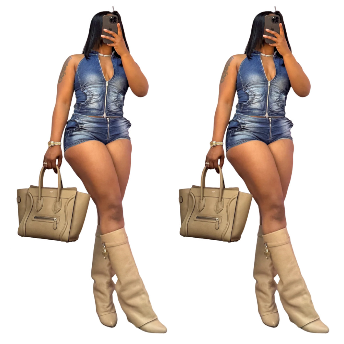 New Denim Vest Shorts Set MZ88642 Elastic Shorts Fashion Womens Clothing