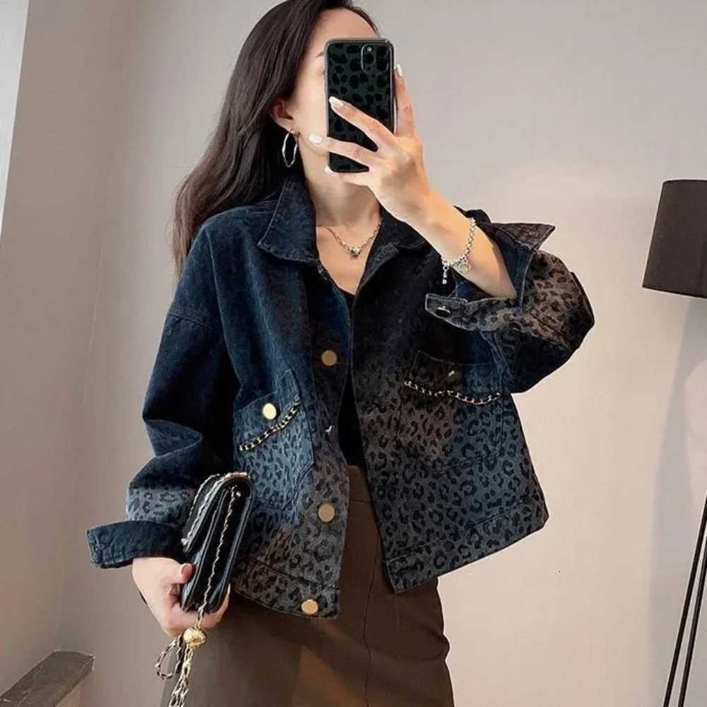 Female Jeans Coat Short Spring Autumn Small Crop Outerwears Graphic Blue Leopard with Print Womens Denim Jackets Black DesignerT260328