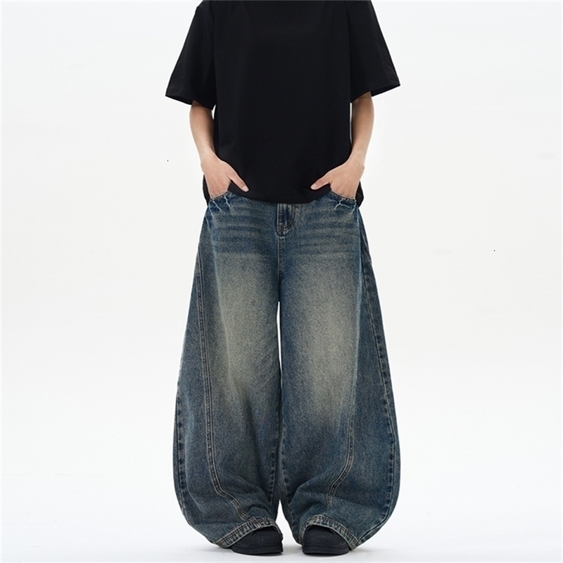 Spring Mens Jeans Oversized Wide Leg Pants Loose Vintage Patchwork Lightning Cracked Denim Trousers Streetwear Male 260327