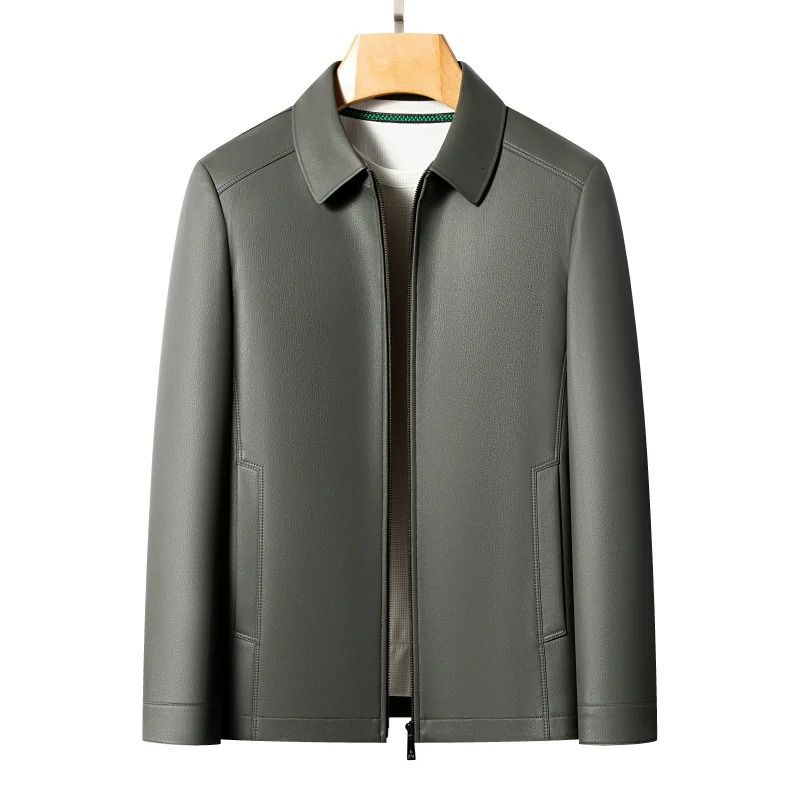 Mens Fashion Casual Large-Sized Goatskin Leather Jacket Lapel Coat High-End Spring Autumn 260327