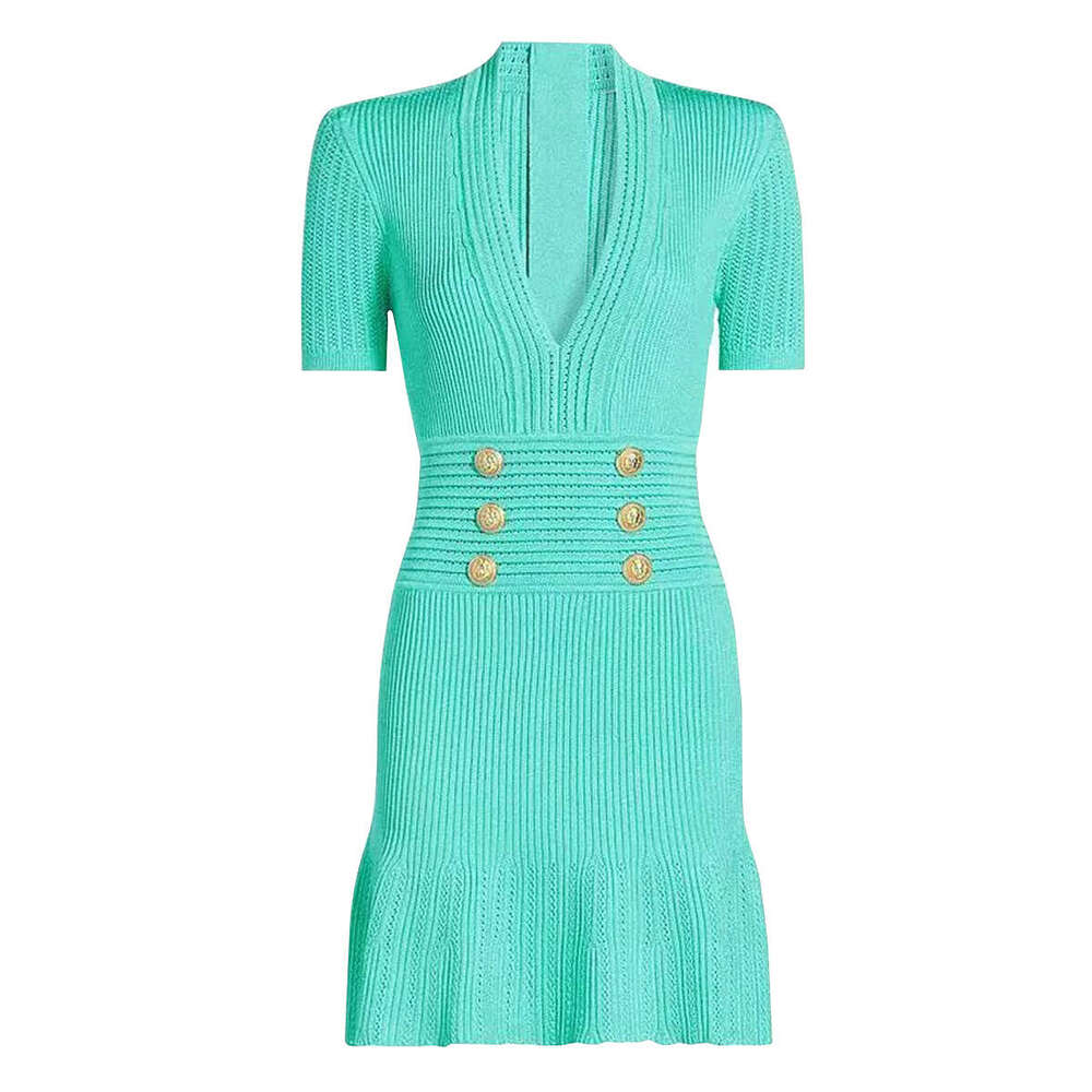 Spring and Autumn New Designer European and American Fashion High f23 Quality Knitted V-neck Slimming Women's Short sleeved Dress