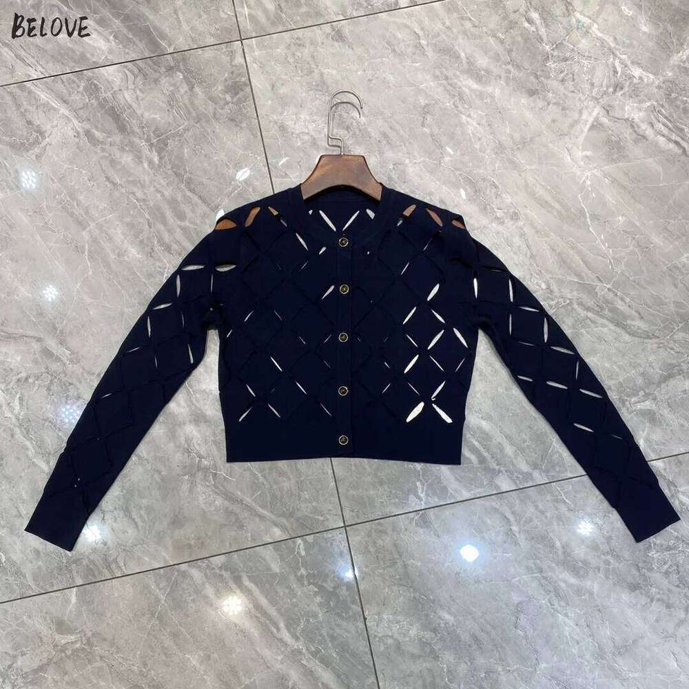Women Round Neck Navy Knitted Long Dress + Hollow Knitted Cardigan Coat Mdng260330