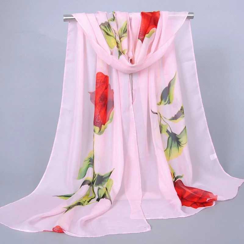 1Pc New Fashion Chiffon Silk Hijab Wens Long Soft Rose Flower Print Scarves Foard Wen Shawls X260328