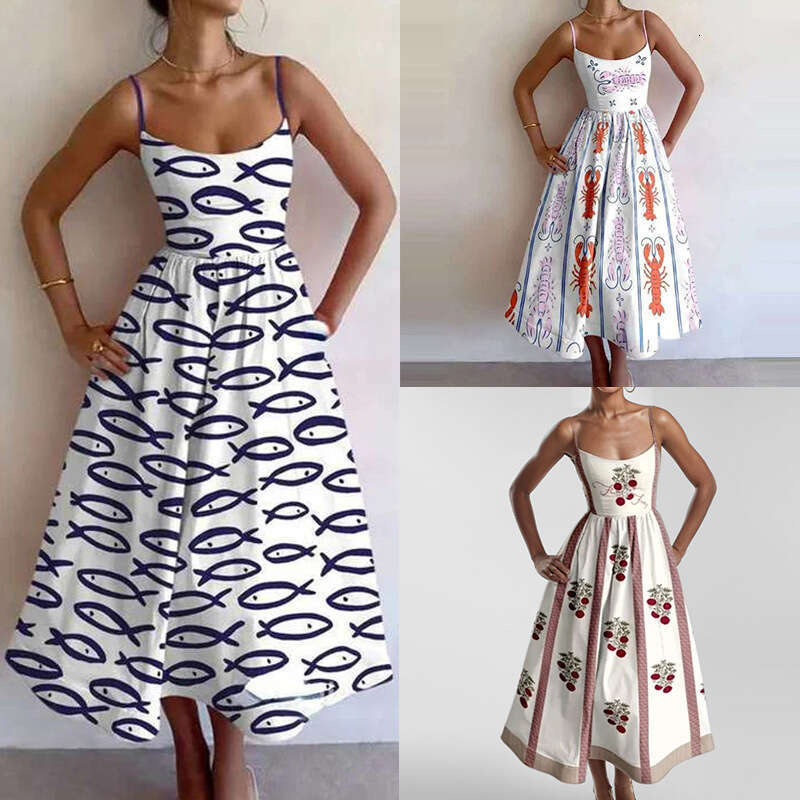 2026 Spring New Collection: Cross-Border European American Foreign Trade Women's Clothing, Fashionable and Elegant Printed Pleated Waist-Cinching