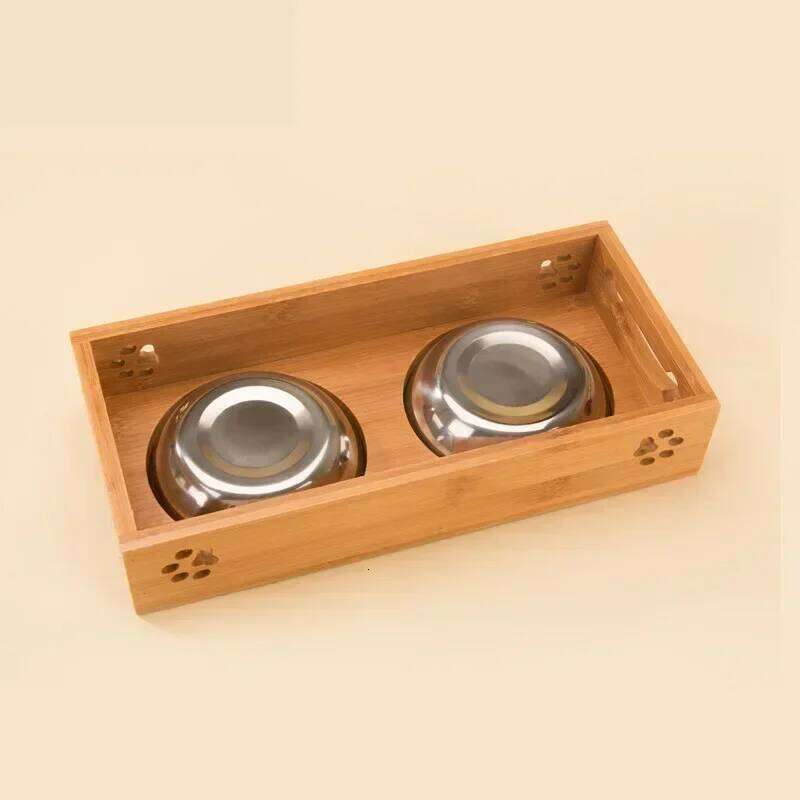 Small Food Pet Dog Cat Ceramic Bowl Bamboo Wooden Table Into A Kitten Skid Resistant Double 26W0330