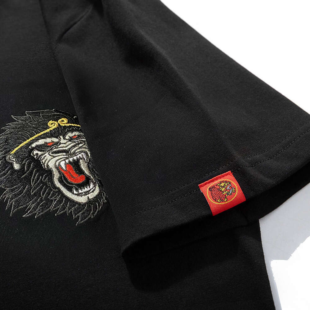 ZHE HAN Magic Summer New Trendy Pure Cotton Loose Heavy Embroidery Monkey King Round Neck Short Sleeve T-Shirt