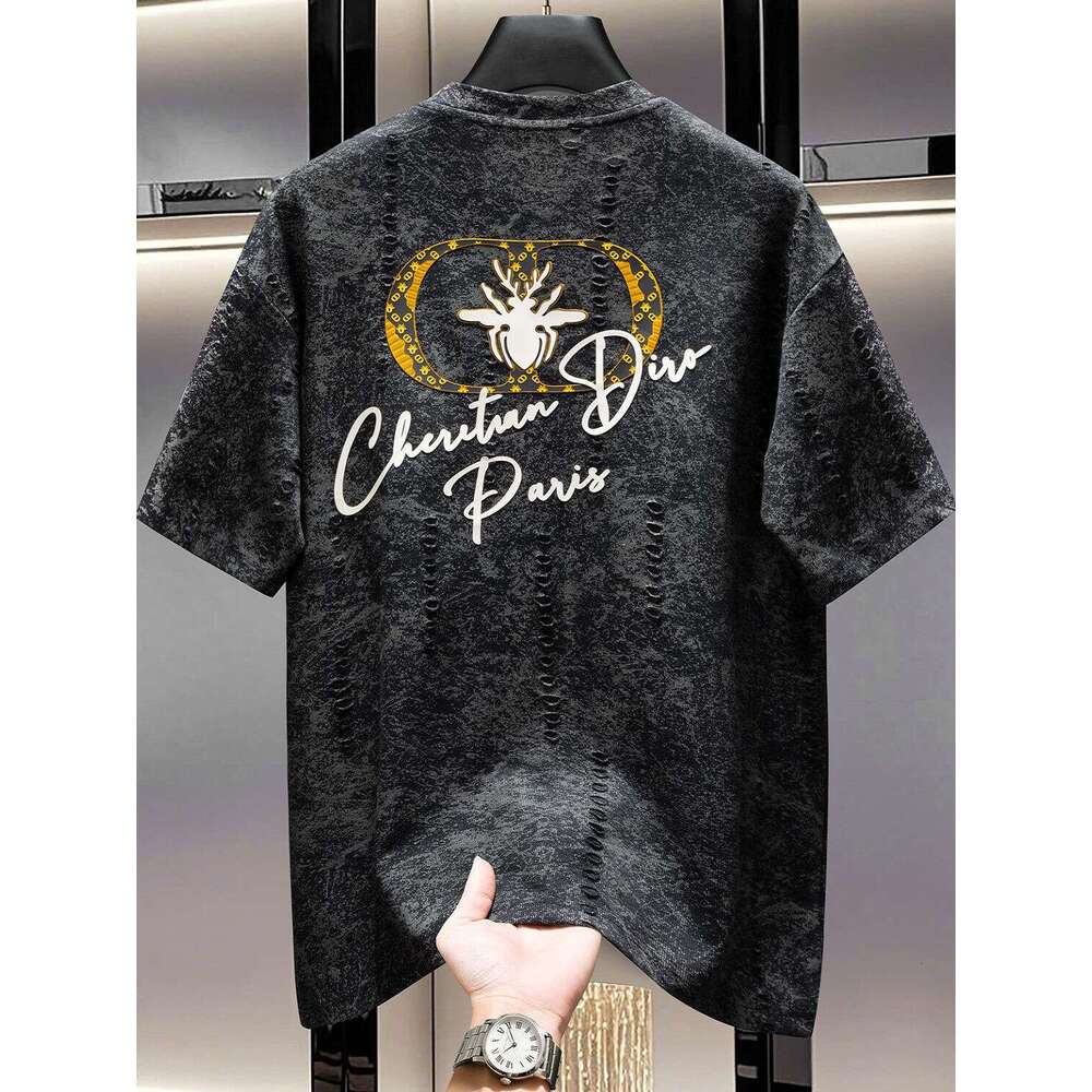 American-style high-end design distressed spider print short-sleeve T-shirt, luxury summer trendy street fashion half-sleeve shirt