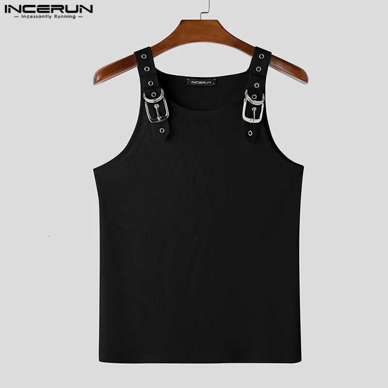 INCERUN Tops American Style Fashion Men Deconstruction n Metal Buckle Mesh Vests Casual Streetwear Male Solid Tank 260312
