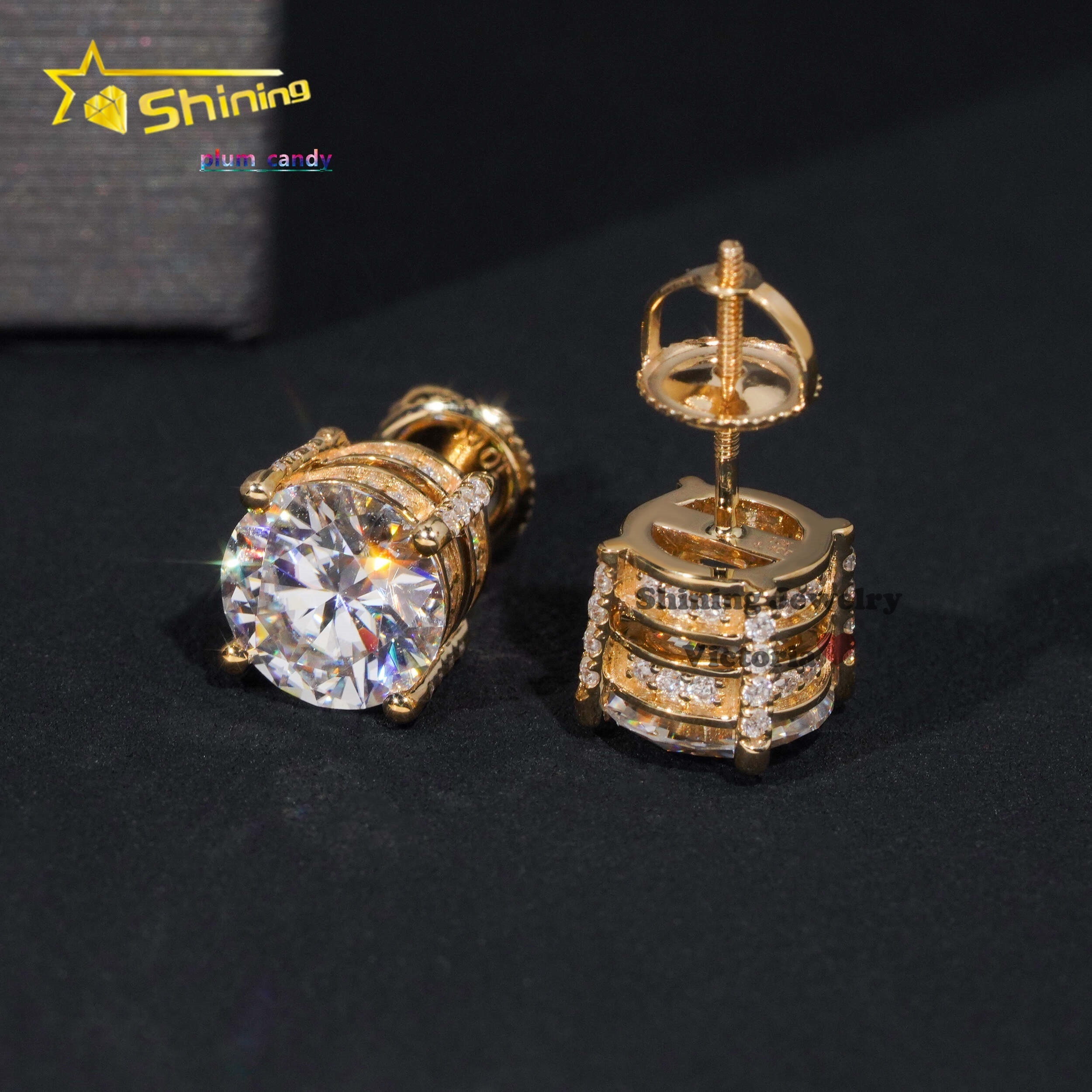 Iced Out Pass Diamond Tester Men Earrings VVS Moissanite Earrings 10K Soild Gold Screw Back 65MM Side Iced Earrings Studs