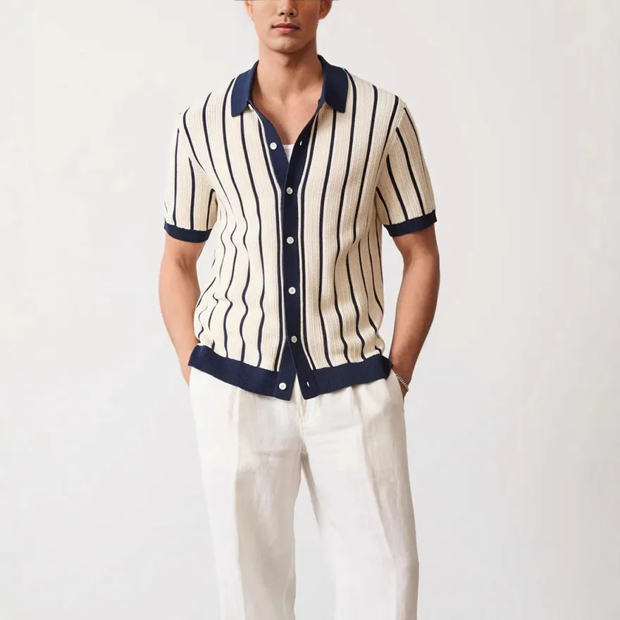 Summer Mens Striped Knit Polo Shirts Fashion Patchwork Short Sleeve Turn Down Collar Smart Casual Polos Men Knitted Tops 260327