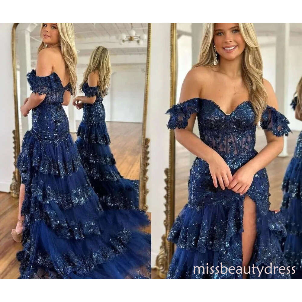 Shiny Sequins Mist Blue Prom Dress 2026 Lace Beaded Off Shoulder Tulle High-low Long Train Formal Birthday Evening Gala Gowns Robe De Soiree ZD10