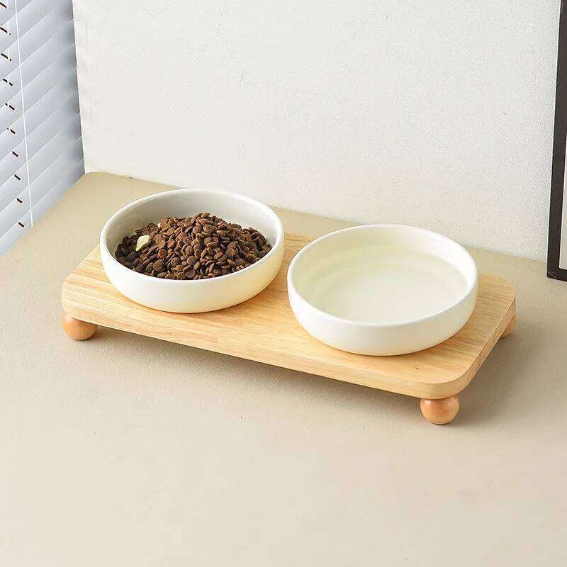 2in1 Ceramic Elevated Cat Dog Bowl with Stand Dual Food Water Feeder Dish For Neck Health Pet Non-Slip Eaasy Clean Double Bowls 26W0330