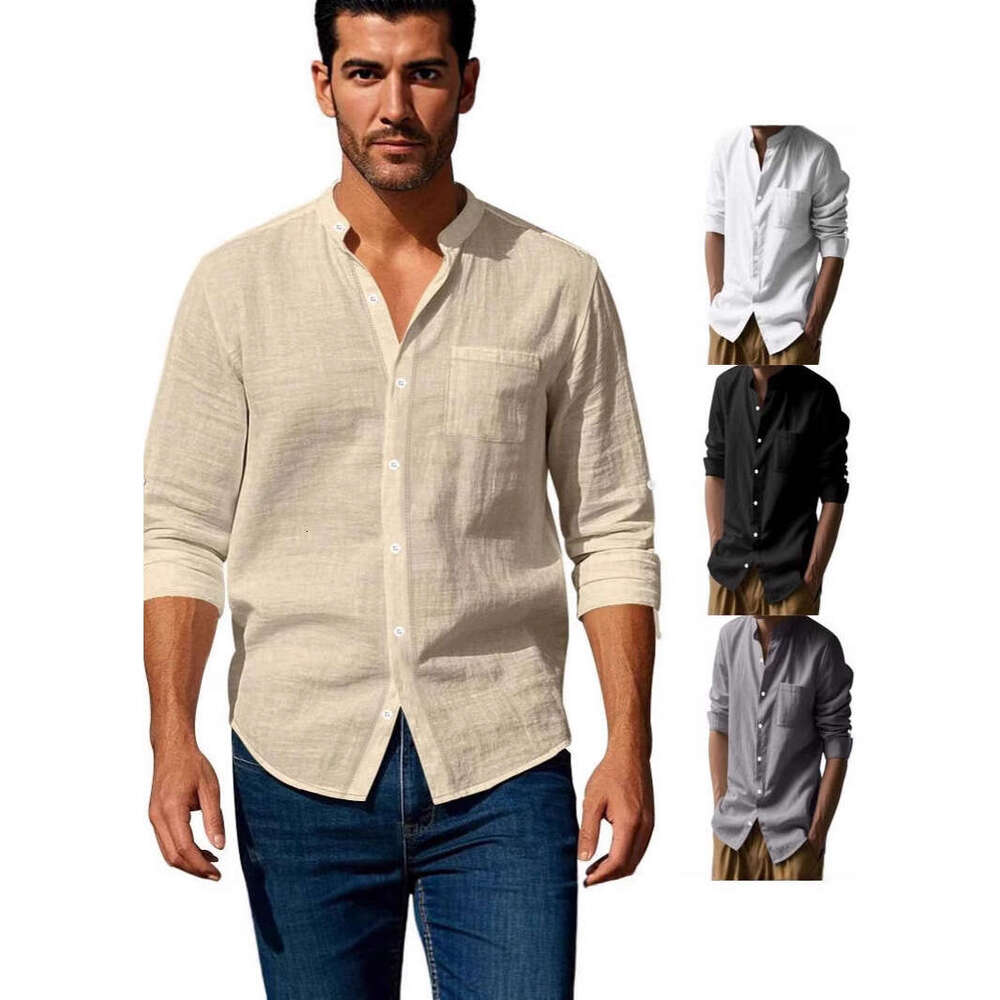 Amazon cross-border spring and autumn long-sleeve stand-collar breathable casual men's new Chinese-style pocket shirt
