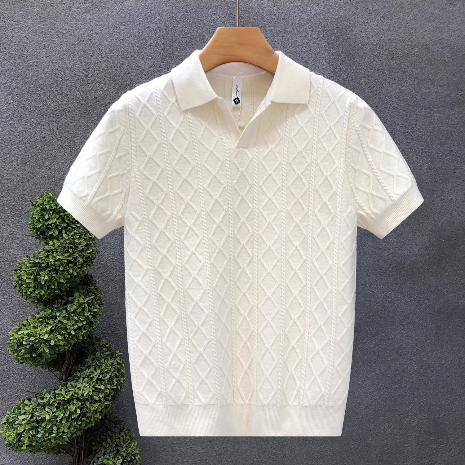 Designer T-shirt New Short-sleeved Knitted Men's Shirt Fashion Textured Polo Shirt Front Lapel Collar V-neck Tight Fit Style Business Luxury