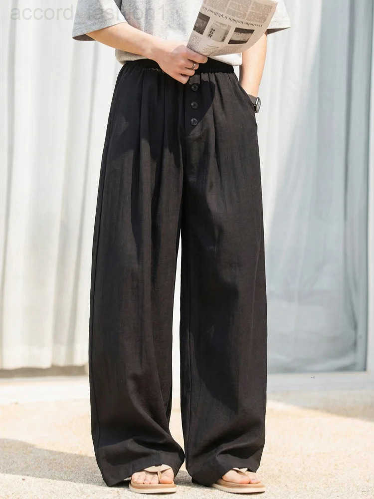 Mens Pleated Linen-Look Casual Trousers Colour-Blocked Buttons Cotton-Linen Texture Loose-Fit Straight-Leg Trousers H260330