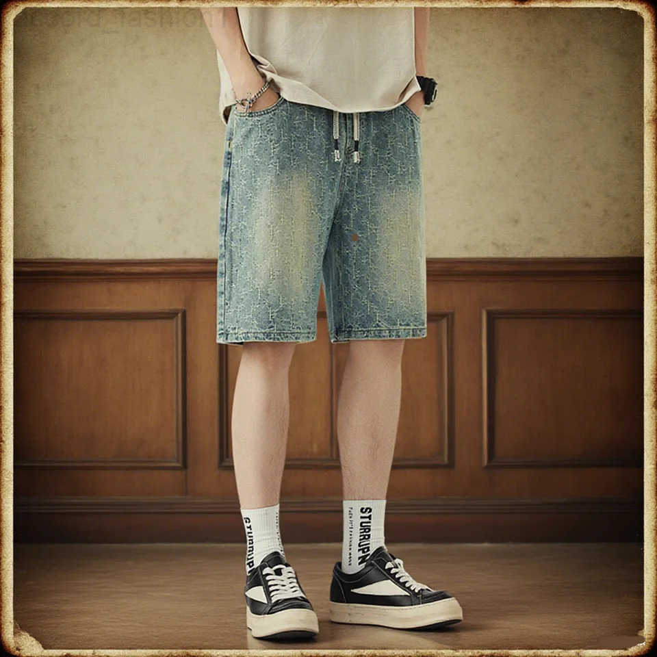 Summer New Mens Oversized Wide Shorts Lightning Cracked Y2k Baggy Jeans Washed Streetwear Fashion Loose Calf-length Denim Pants H260330