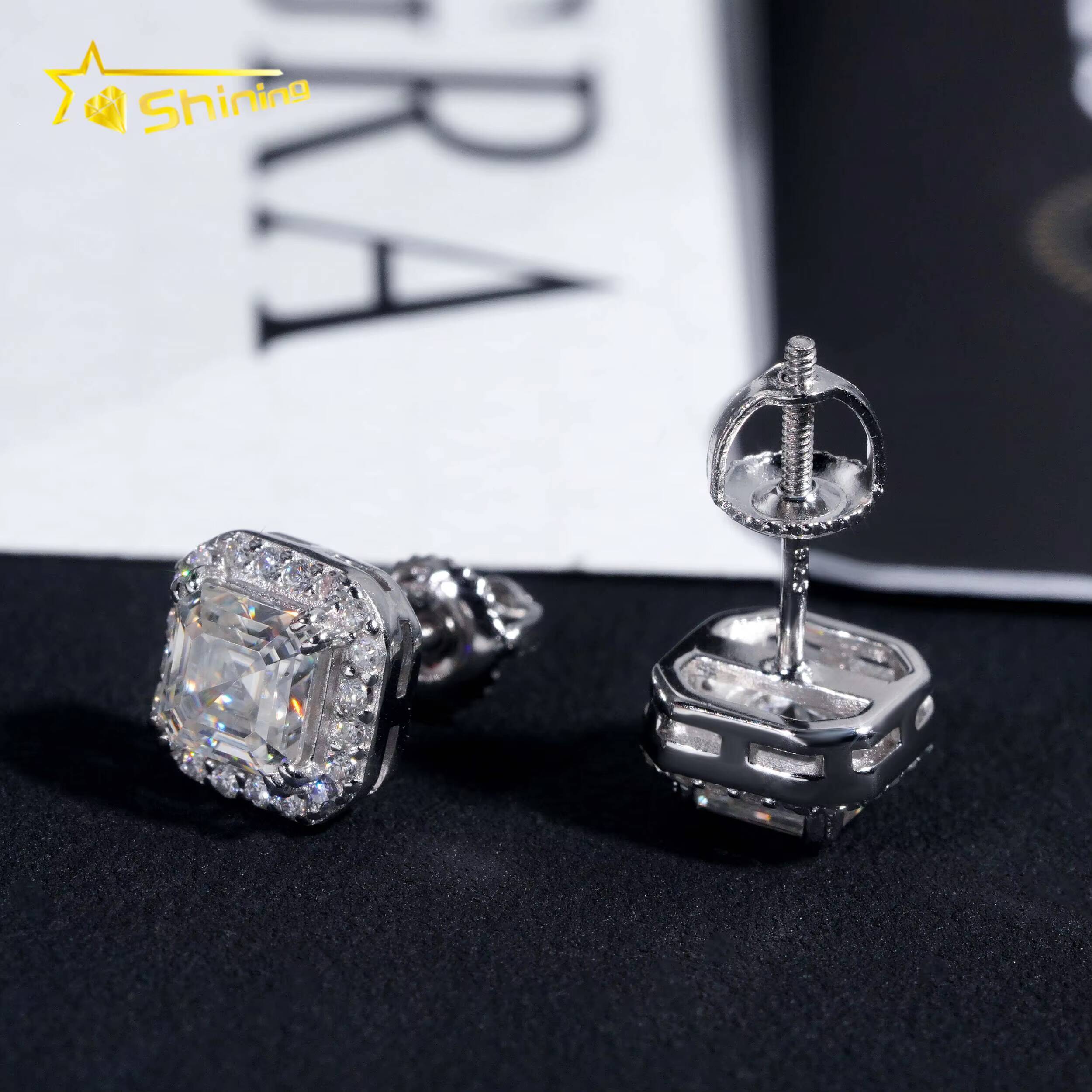 New Style Fine High Quality Asscher Cut Moissanite Stud Earrings 925 Silver Hip Hop Iced Out VVS Halo Moissanite Earrings