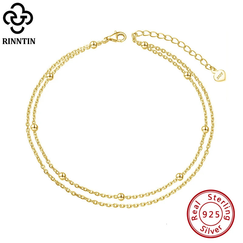 Rinntin 925 Silver Double Layered Satellite Chain Anklet for Women Summer Foot Chain Bracelet Fashion Ankle Straps Jewelry SA14 260324