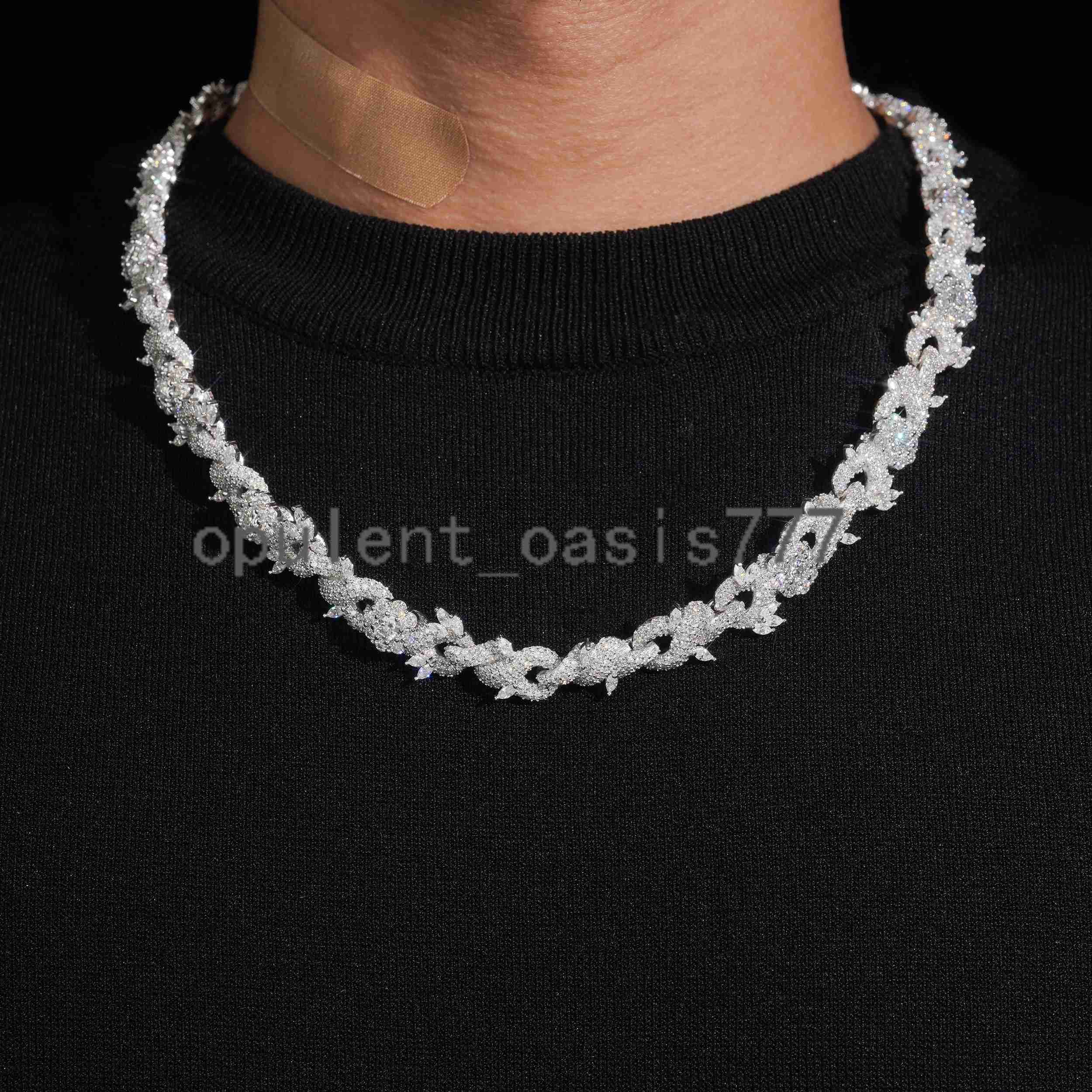 12MM Sterling Silver Moissanite Diamond Iced Out Men Necklace Jewelry Infinity Chain Link With Flower