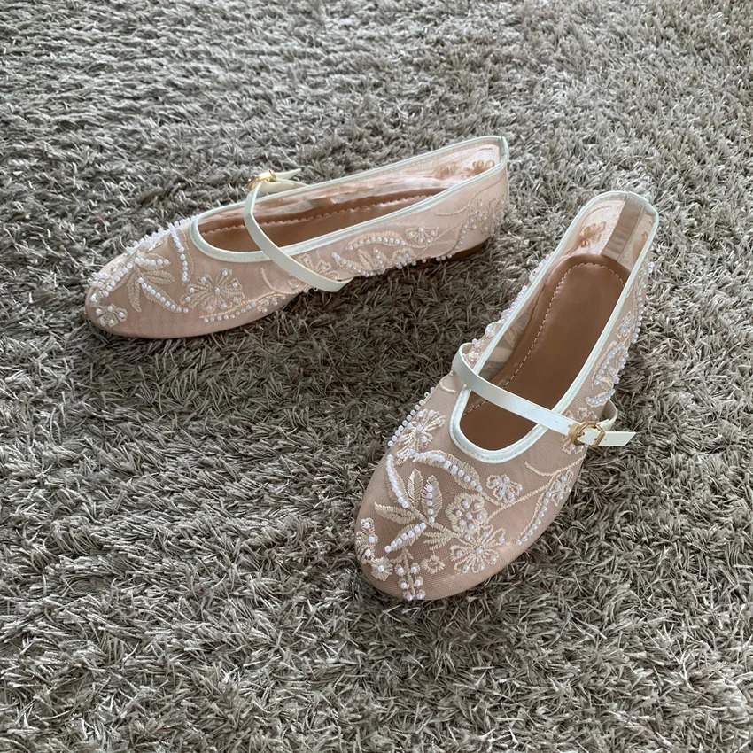 Mesh Embroidery String Bead Design Women Ballet Flats Fashion Buckle Breathable Mary Jane Shoe Comfort Low Heel Soft Flat Sandal 260323