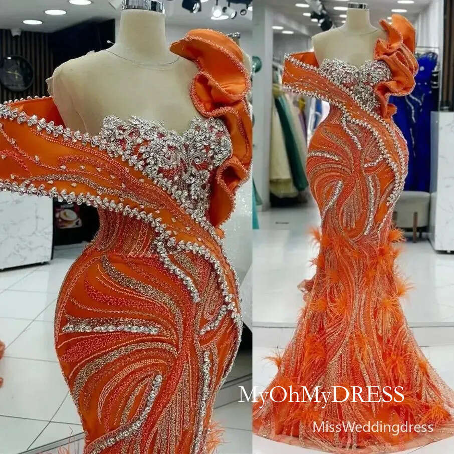 Aso Ebi 2026 Orange Mermaid Prom Dresses Rhinestones Feather Sequined Lace Evening Gowns Robe De Soiree Mariee Luxe 1205 D0330
