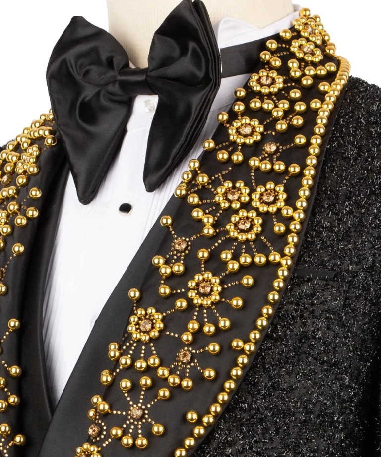 Gold Pearls Black Glitter Groom Wedding Tuxedo Tailored Made 3pcs Blazer Vest Pants Formal Male Prom Party Suit Business