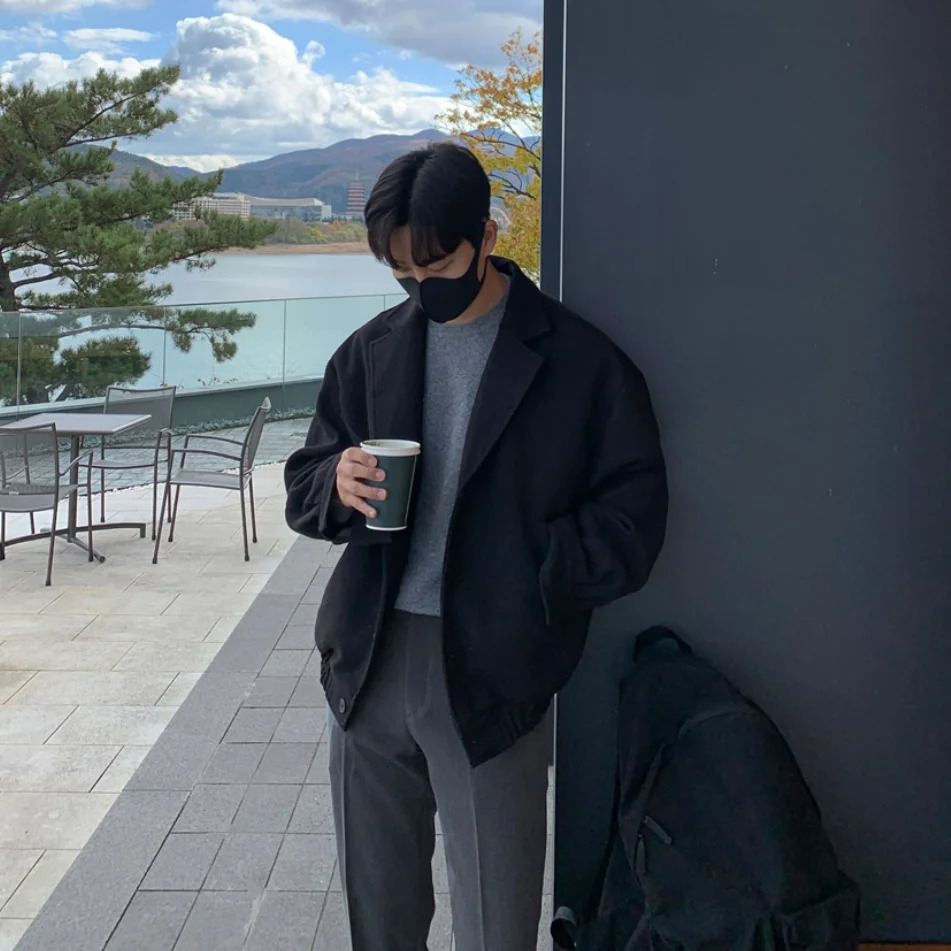 Loose Casual Mens Solid Color Jacket Fashion Daily Commuting Windproof Short Woolen Coat Thickened Warm 260327