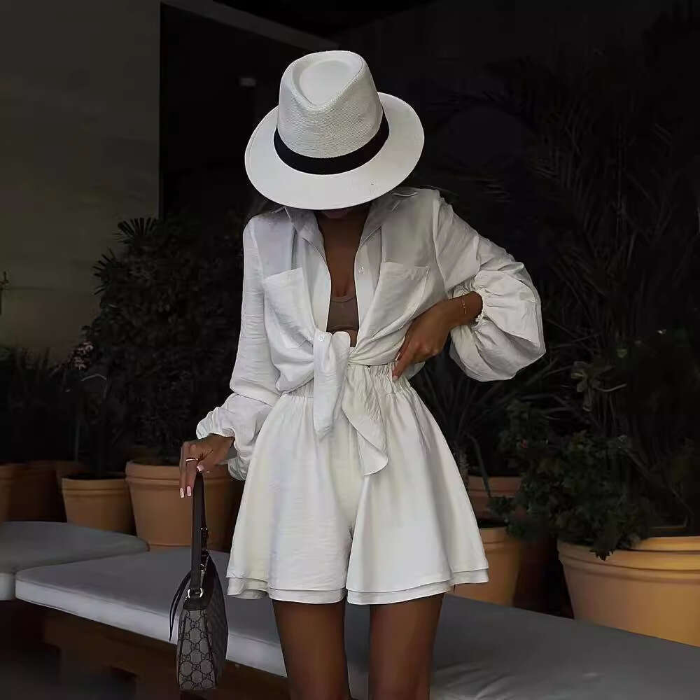 2026 Summer European and American Women's Clothing Cross-Border Long-Sleeve Top Ruffle Shorts Casual Fashion Set for Women