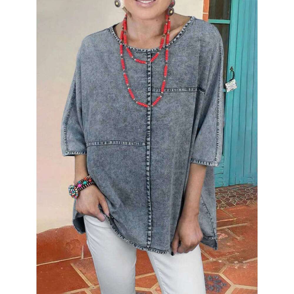 Women's Denim T Shirt Half Sleeve Loose Casual Vintage Summer Fashionable O-Neck Plus Size Tee Top Solid Retro Tops