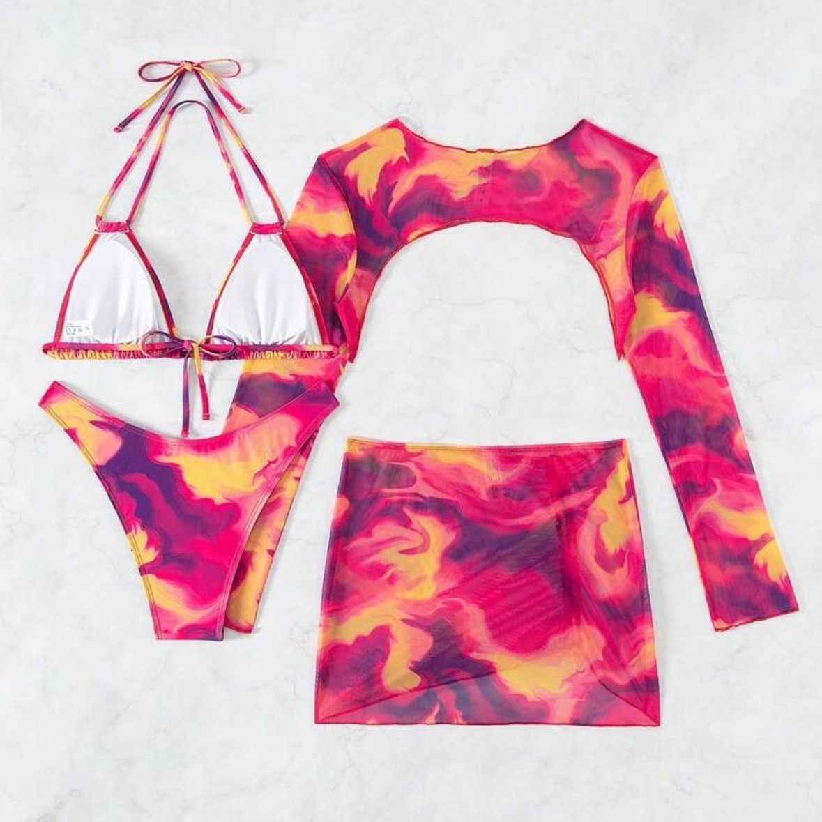 Free Shipping High Value In stock 2026new European and American style tie-dye printed four-piece bikini swimsuit, sexy women's swimwear