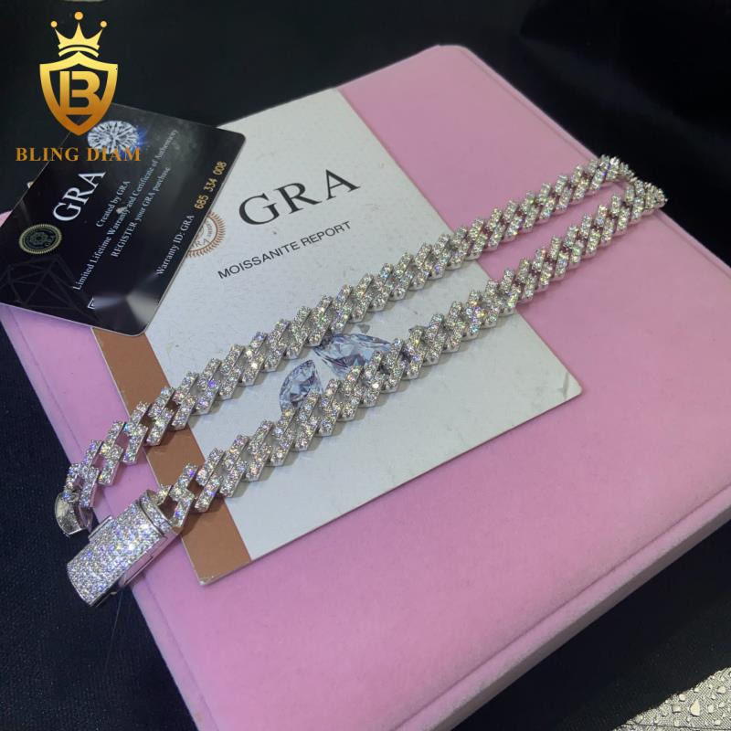 In Stock HipHop Style S925 Moissanite Cuban Chain Pass Diamond Tester VVS Moissanite Necklace Chain Silver with GRA Certificate